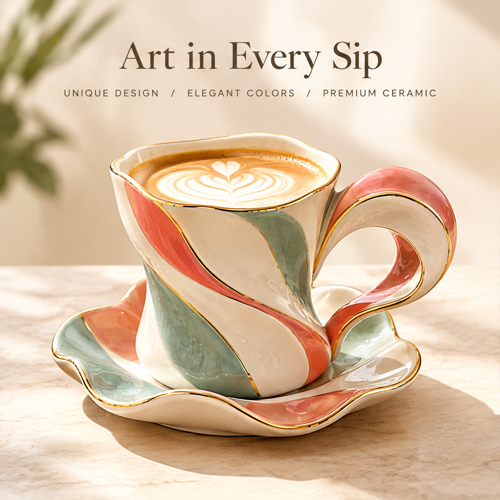 Sculpted Ribbon Ceramic Coffee Cup & Saucer