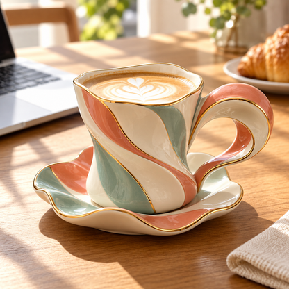 Sculpted Ribbon Ceramic Coffee Cup & Saucer