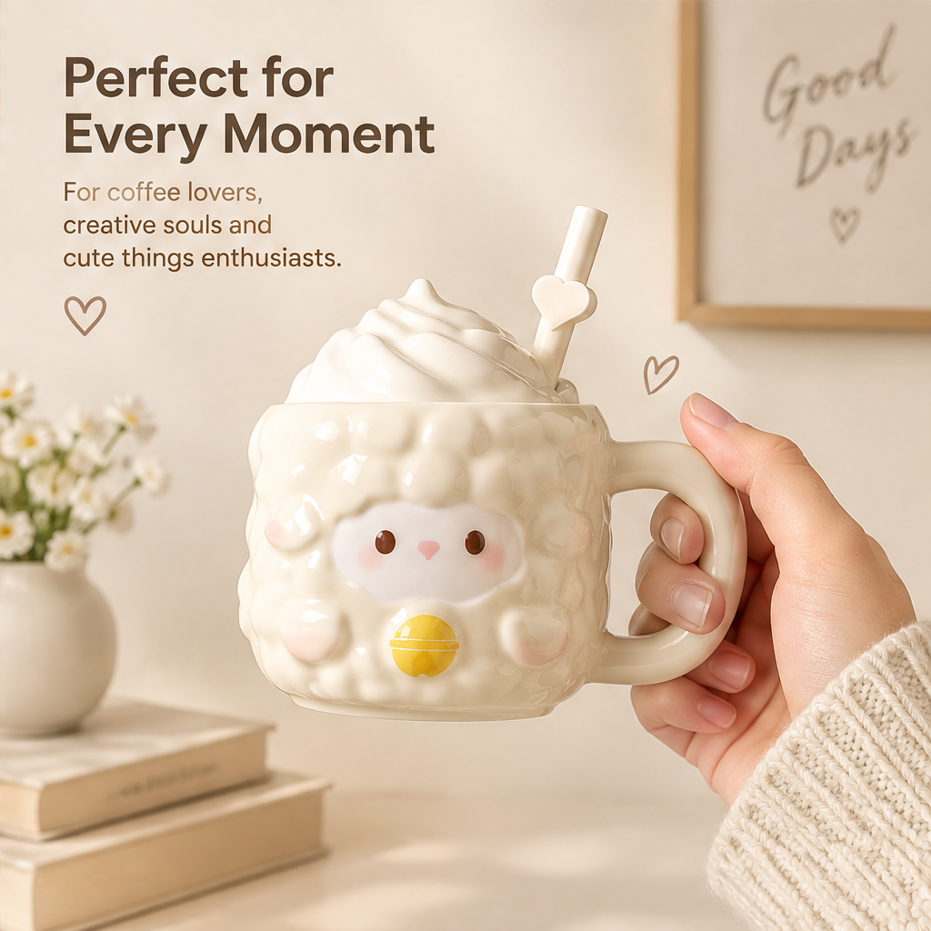 Cute Lamb Ceramic Mug with Lid & Straw