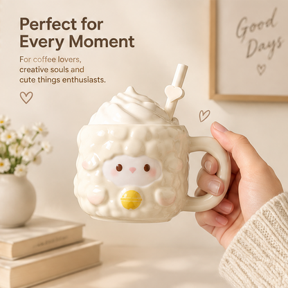 Cute Lamb Ceramic Mug with Lid & Straw