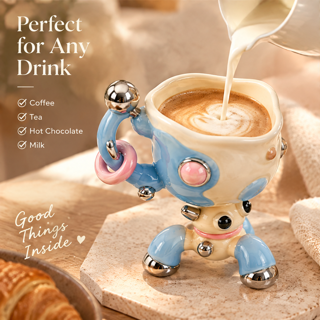 Playful Robot Sculptural Ceramic Mug