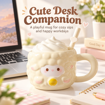 Cute Lamb Ceramic Mug with Lid & Straw