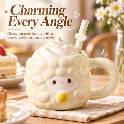 Cute Lamb Ceramic Mug with Lid & Straw