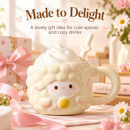 Cute Lamb Ceramic Mug with Lid & Straw