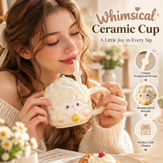 Cute Lamb Ceramic Mug with Lid & Straw