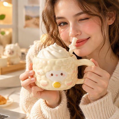 Cute Lamb Ceramic Mug with Lid & Straw